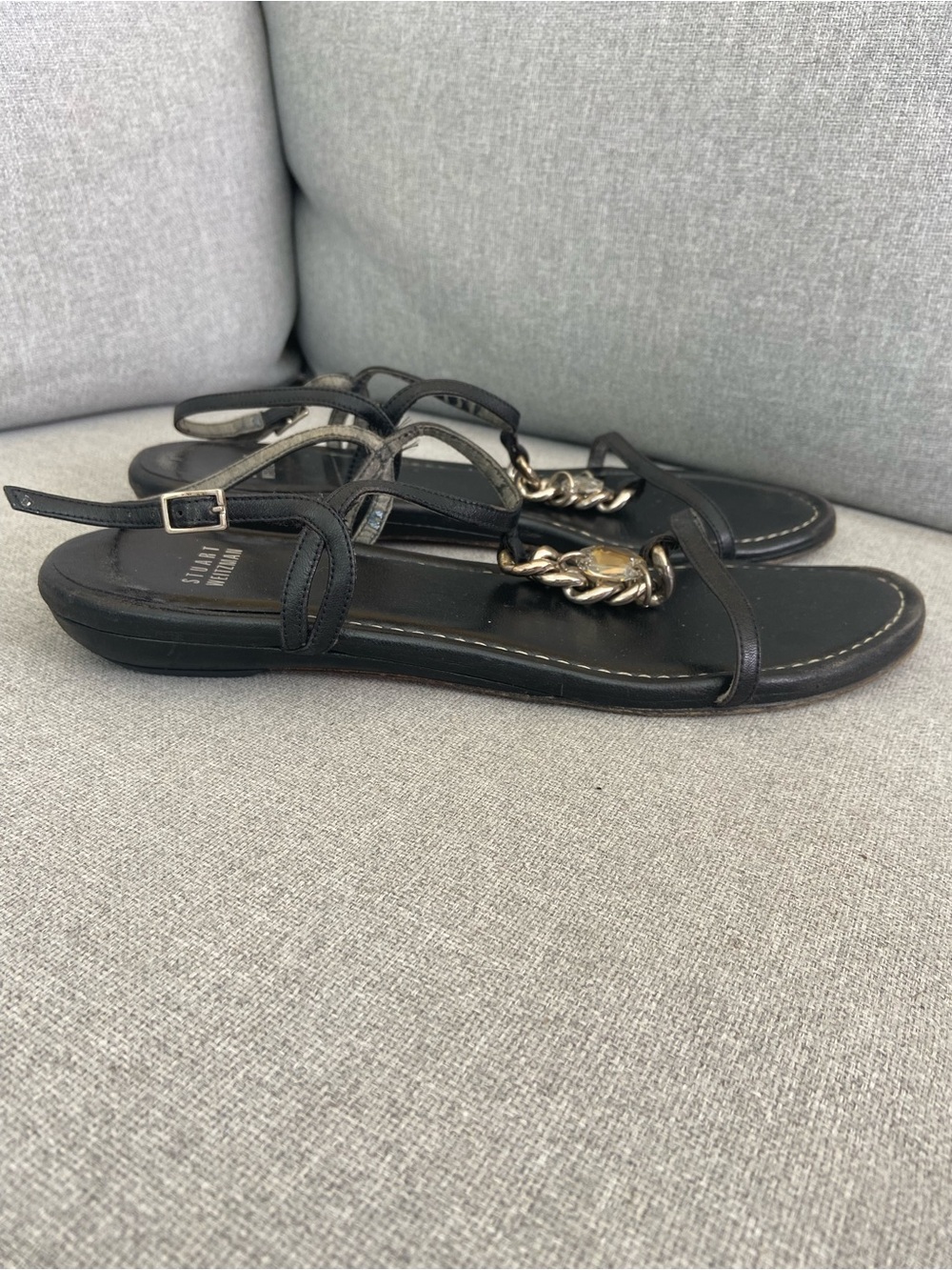 Stuart Weitzman Black Leather Chain-Accent Sandals - Picture 4 of 7